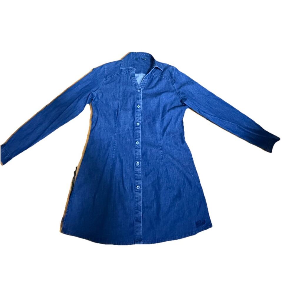WOOLRICH Women’s Denim Blue Button Up Tunic Shirt V-Neck L/S Size Small Petite